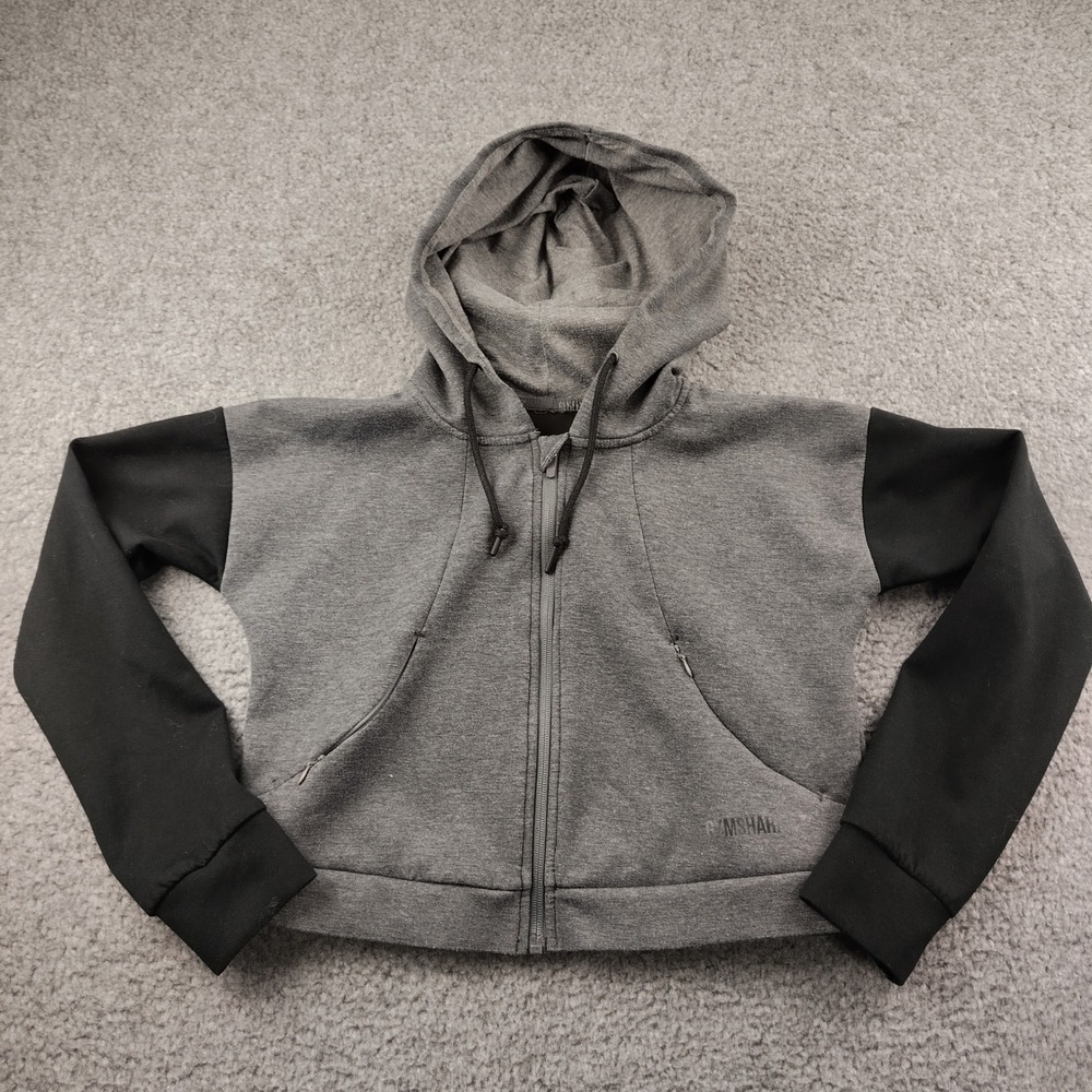 Gymshark Womens Cropped Full Zip Hoodie Gray Black Colorblock Athletic Size S